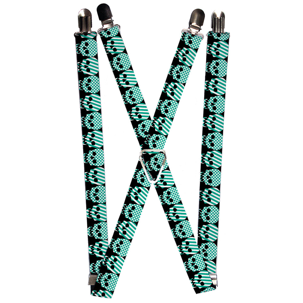 Suspenders - Checker & Stripe Skulls Black/White/Green Suspenders Buckle-Down 1.0-Inch Wide Regular