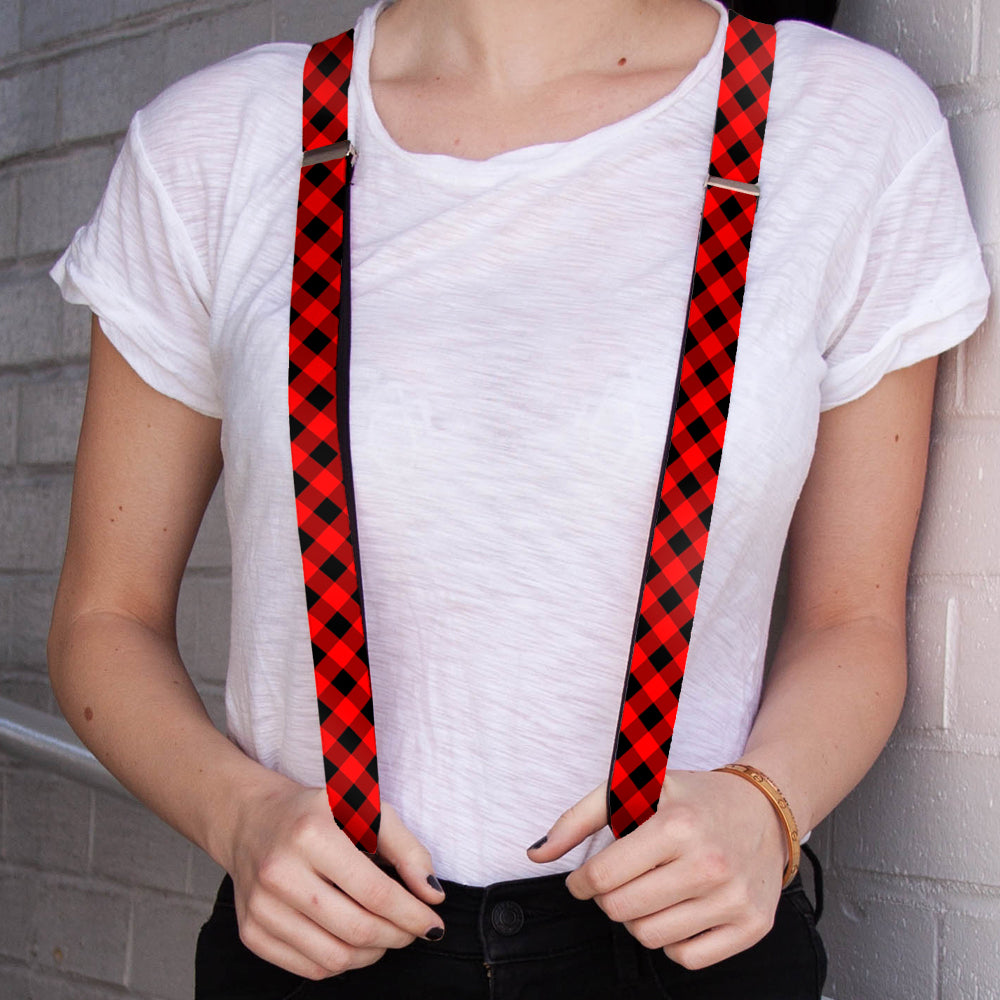Suspenders - Diagonal Buffalo Plaid Black/Red Suspenders Buckle-Down