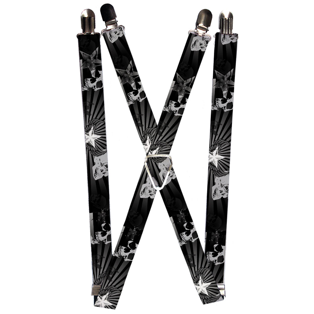 Suspenders - Die Hard Skulls & Stars1 Black/Grays Suspenders Buckle-Down 1.0-Inch Wide Regular