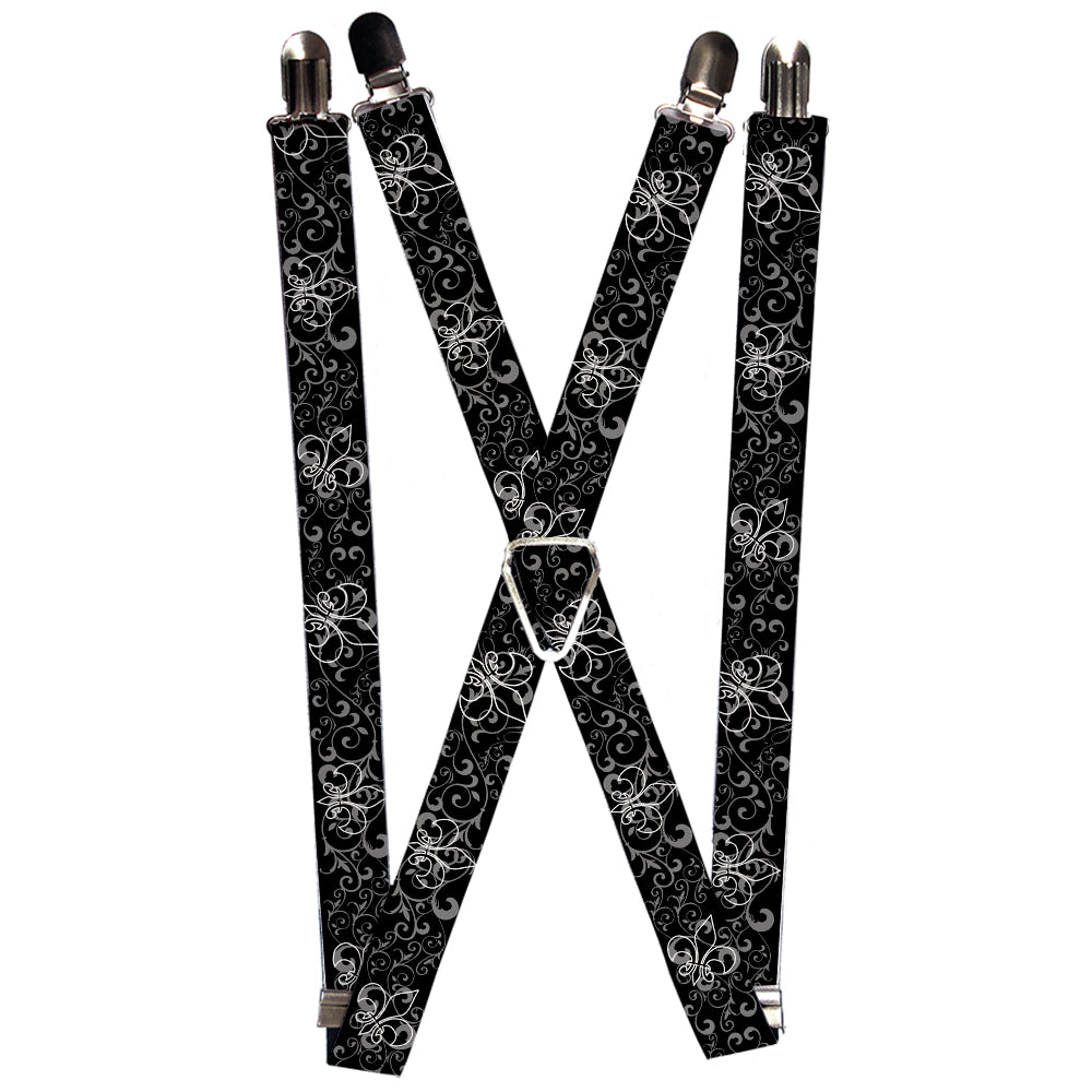 Suspenders - Fleur-de-Lis Outline w/Filigree Black/Gray