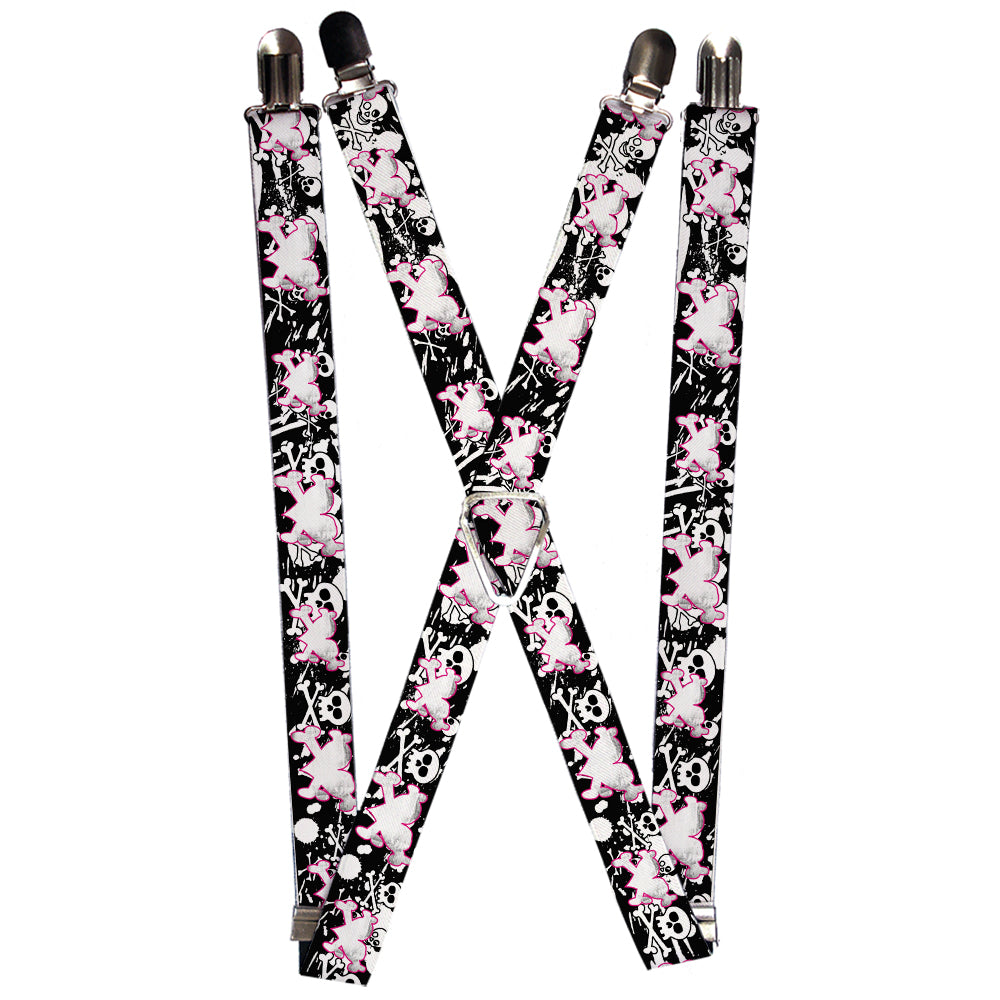 Suspenders - Heart & Cross Bones w/Skulls & Splatter Black/White