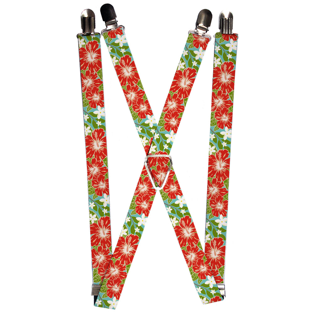 Suspenders - Hibiscus & Plumerias Turquoise/Green/Red/White