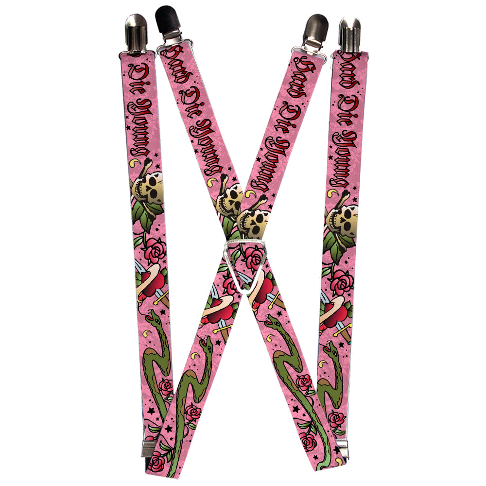Suspenders - Live Hard Die Young Pink Suspenders Buckle-Down 1.0-Inch Wide Regular