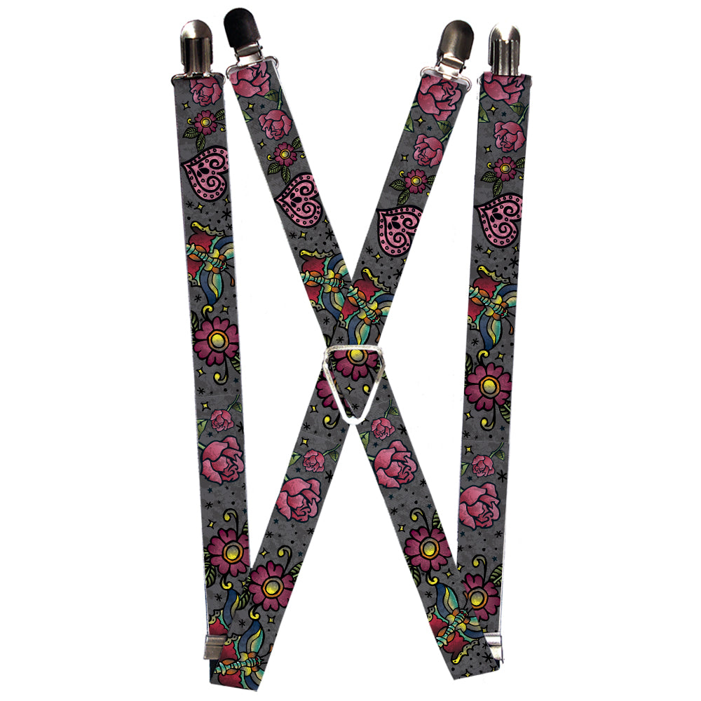 Suspenders - Love Kills CLOSE-UP Gray Suspenders Buckle-Down 1.0-Inch Wide Regular