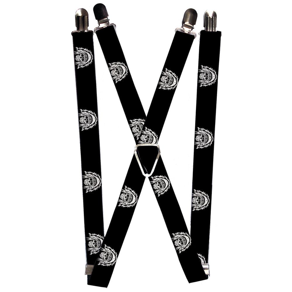 Suspenders - Native American Skull Black/White Suspenders Buckle-Down 1.0-Inch Wide Regular