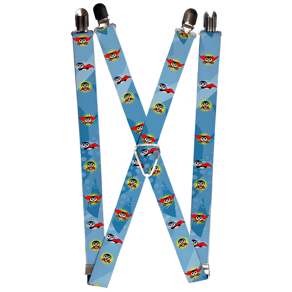 Suspenders - Penguin Superhero Blue Bubbles Suspenders Buckle-Down 1.0-Inch Wide Regular