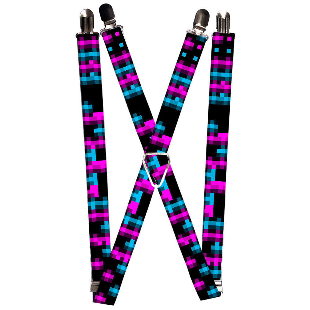 Suspenders - Pixilated Checker Black/Fuchsia/Turquoise Suspenders Buckle-Down