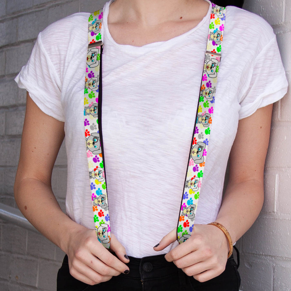 Suspenders - Puppies w/Paw Prints White/Multi Color Suspenders Buckle-Down