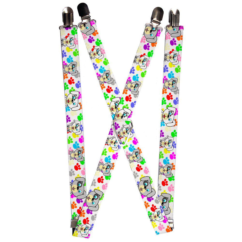 Suspenders - Puppies w/Paw Prints White/Multi Color Suspenders Buckle-Down 1.0-Inch Wide Regular