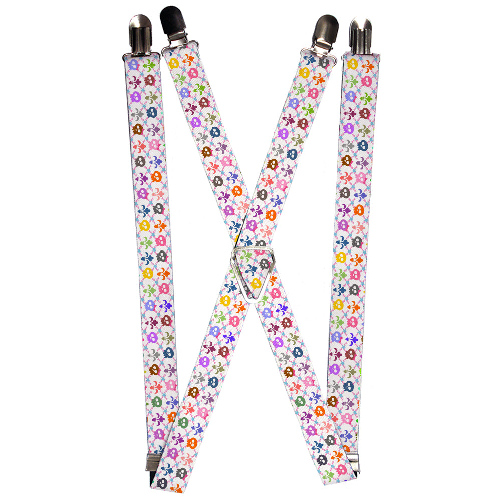 Suspenders - Skull & Fleur-de-Lis White/Multi Color Suspenders Buckle-Down 1.0-Inch Wide Regular