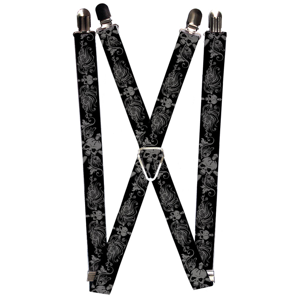 Suspenders - Skull & Dagger w/Filigree Black/Gray Suspenders Buckle-Down