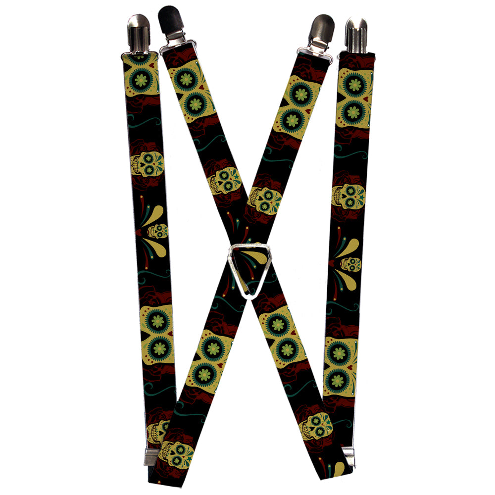 Suspenders - Sugar Skulls Black/Olive/Burgundy Suspenders Buckle-Down 1.0-Inch Wide Regular
