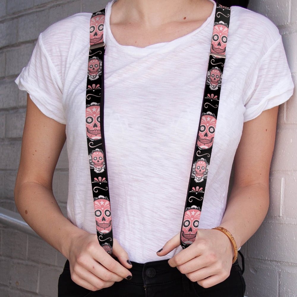 Suspenders - Sugar Skulls Gray/Pink Suspenders Buckle-Down