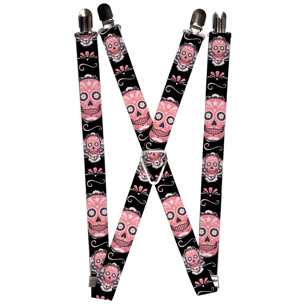Suspenders - Sugar Skulls Gray/Pink Suspenders Buckle-Down