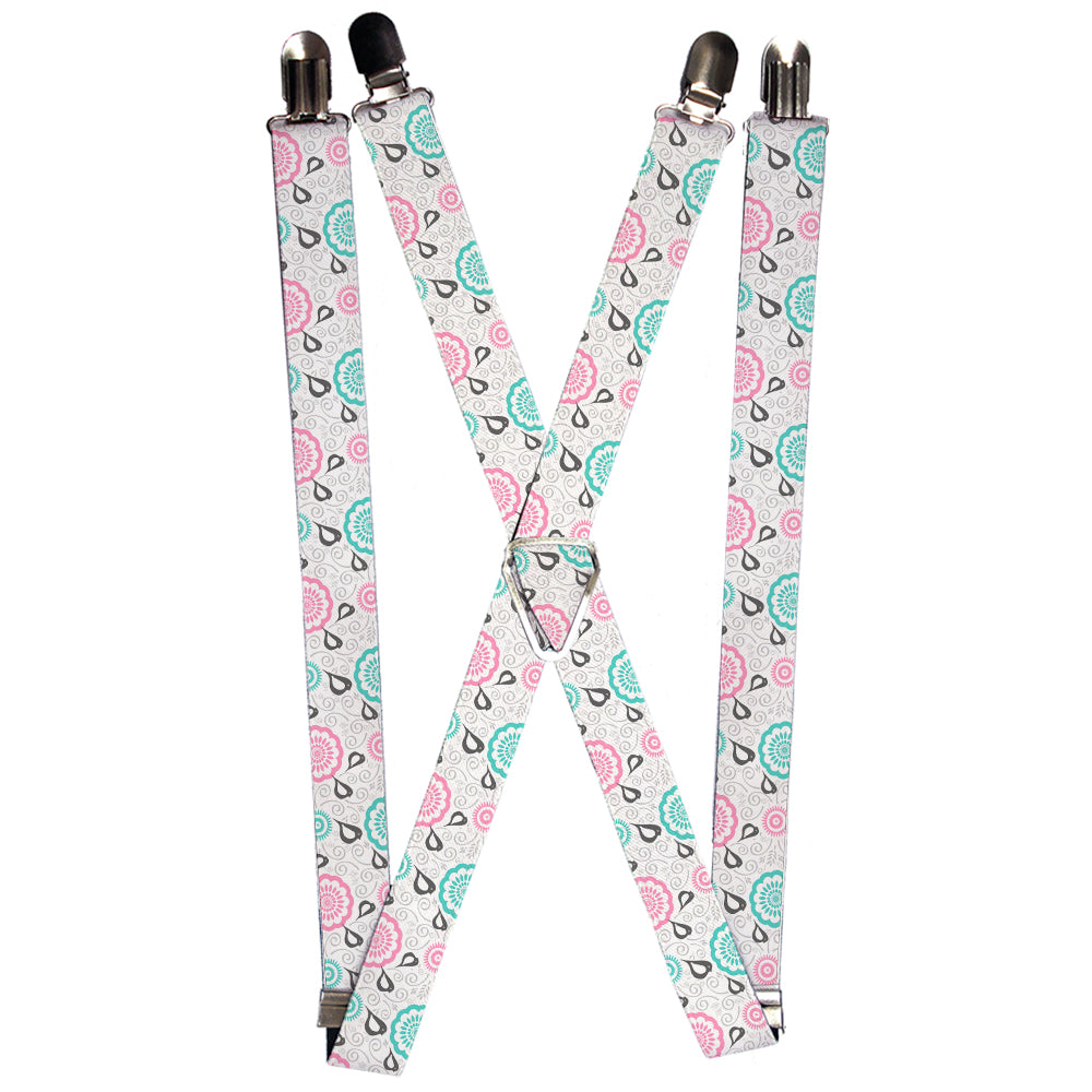 Suspenders - Bird Tapestry White/Gray/Turquoise/Pink Suspenders Buckle-Down 1.0-Inch Wide Regular