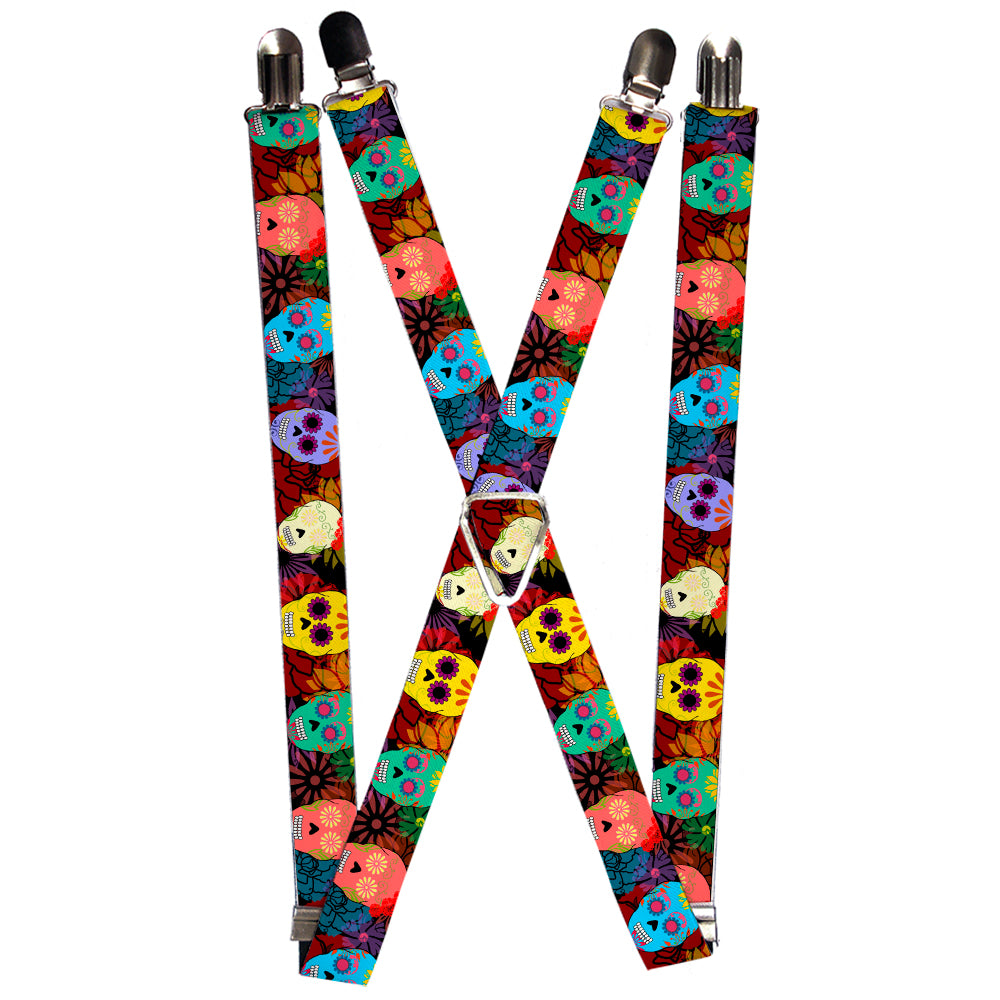Suspenders - Painted Sugar Skulls & Flowers Collage Suspenders Buckle-Down