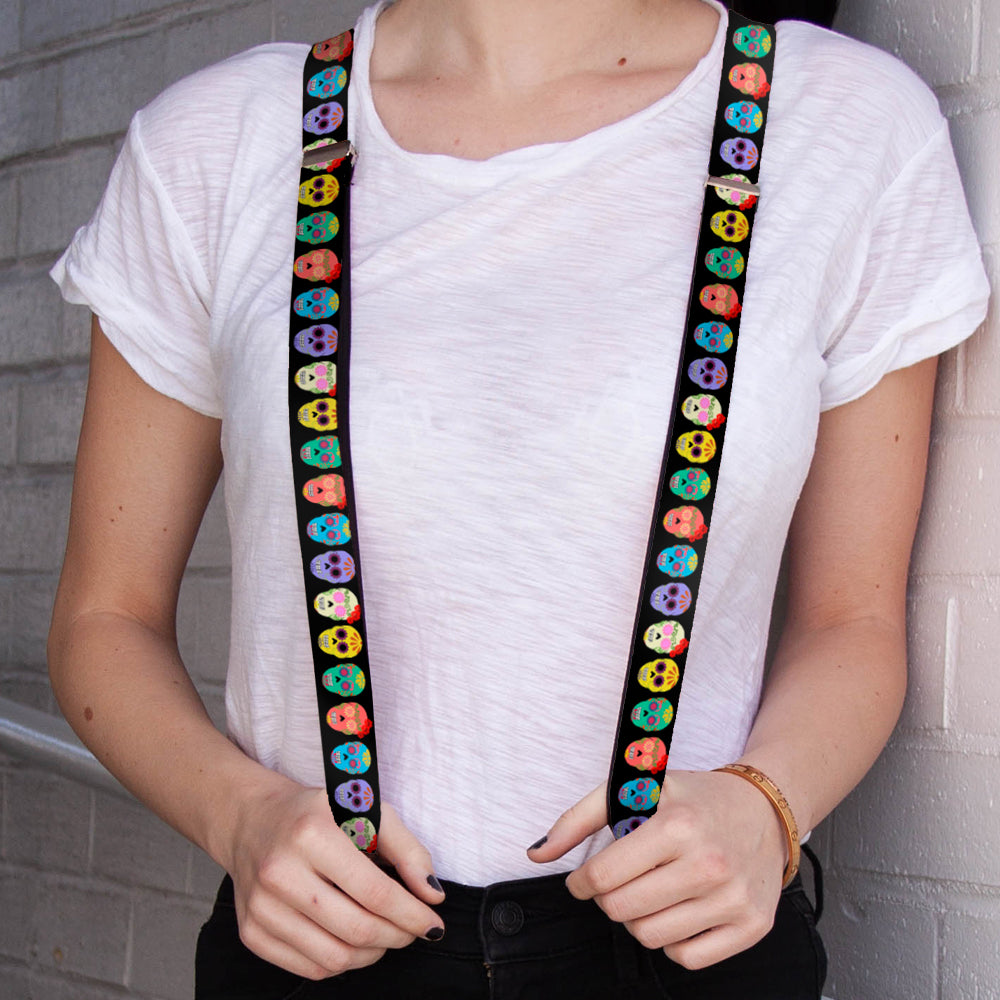 Suspenders - Painted Sugar Skulls Black/Multi Color Suspenders Buckle-Down