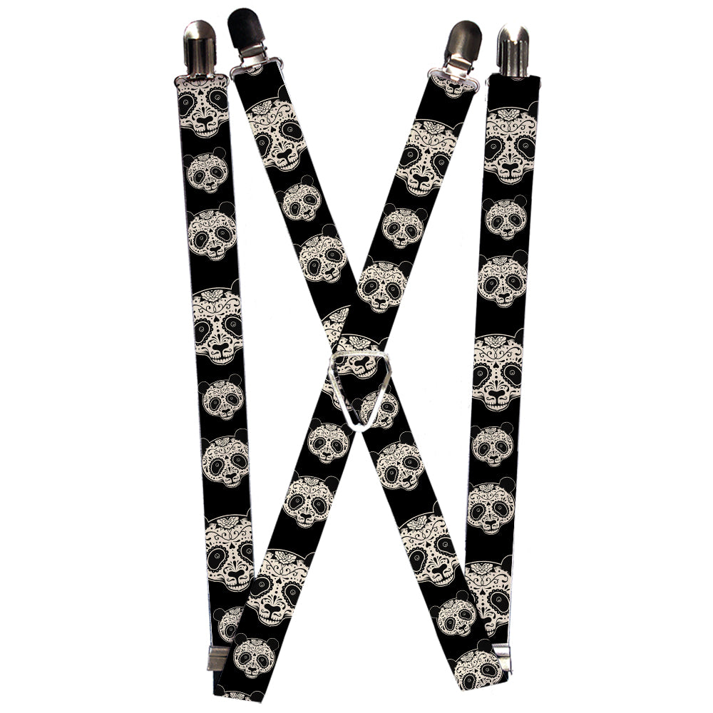 Suspenders - Panda Bear Sugar Skull CLOSE-UP Scattered Black/Cream Suspenders Buckle-Down 1.0-Inch Wide Regular