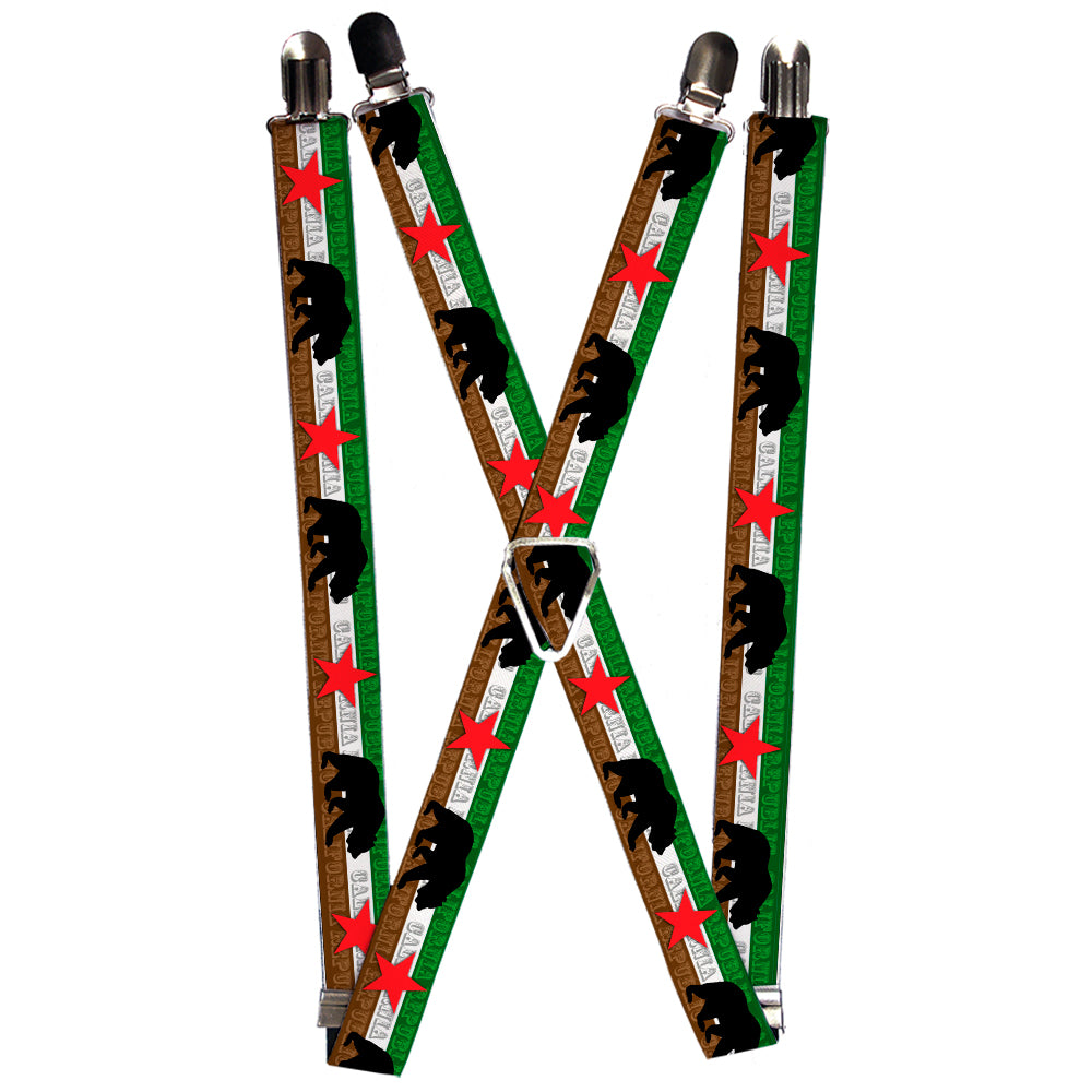 Suspenders - Cali Bear Silhouette & Star/CALIFORNIA REPUBLIC Green/White/Brown/Black/Red Suspenders Buckle-Down 1.0-Inch Wide Regular