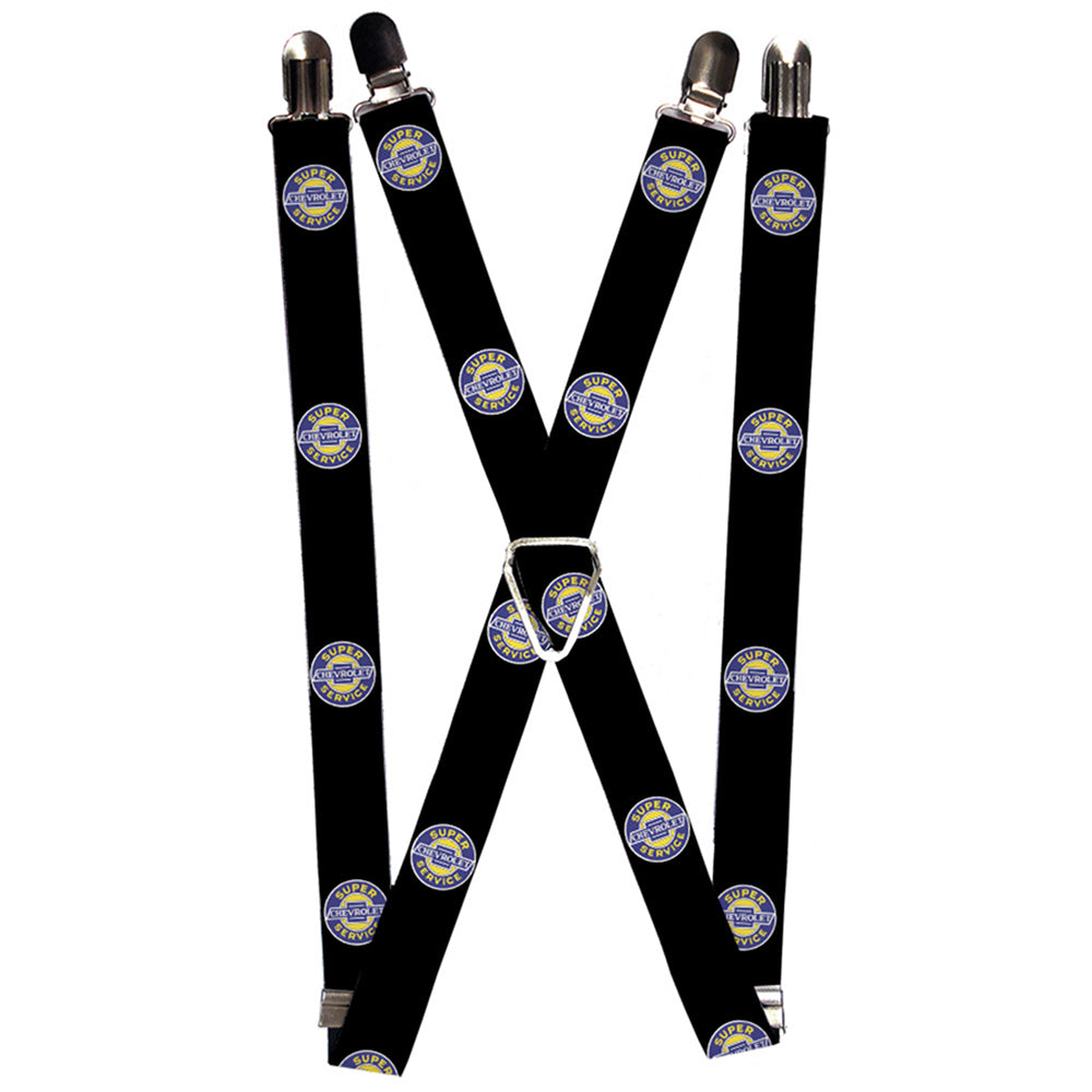 Suspenders - CHEVROLET SUPER SERVICE Logo Black/Blue/Yellow/White Suspenders Chevy 1.0-Inch Wide Regular
