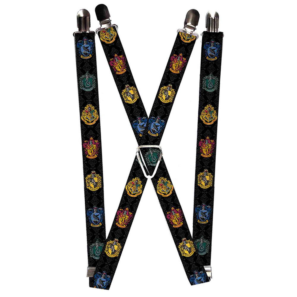 Suspenders - Hogwarts & 4-House Crests/Filigree Black/Gray