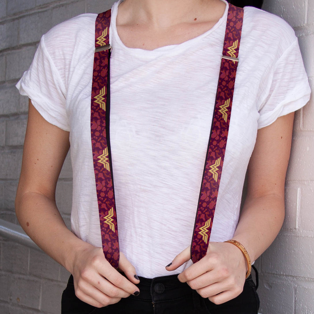 Suspenders - Wonder Woman Logo/Floral Collage Purple/Pinks/Gold