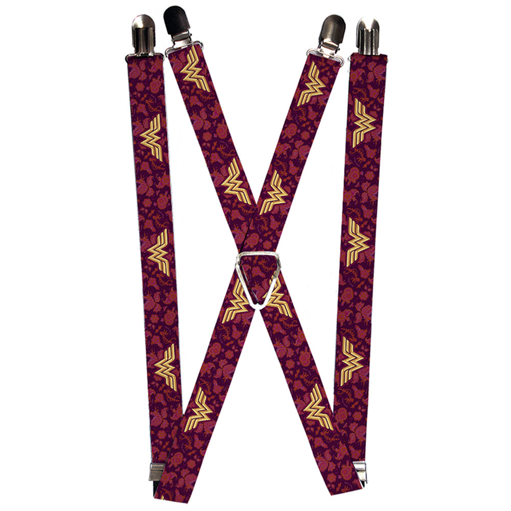 Suspenders - Wonder Woman Logo/Floral Collage Purple/Pinks/Gold