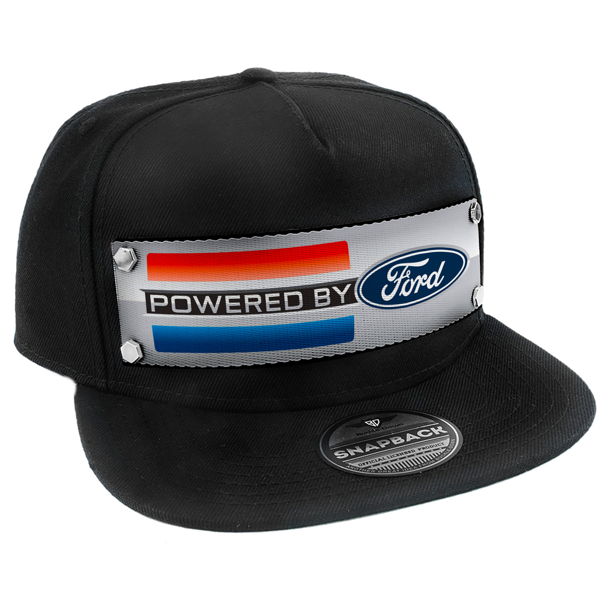 Embellishment Trucker Hat BLACK - Full Color Strap - POWERED BY FORD Stripe/Oval Gray/Red/Black/Blue Trucker Hats Ford