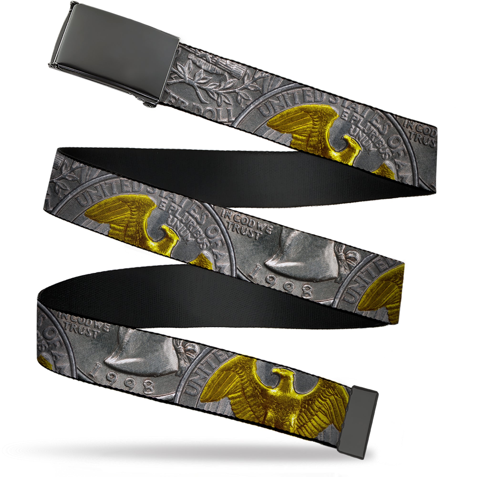 Web Belt Blank Black Buckle - Quarter Coins Stacked Silvery Gray/Golden Yellow Webbing