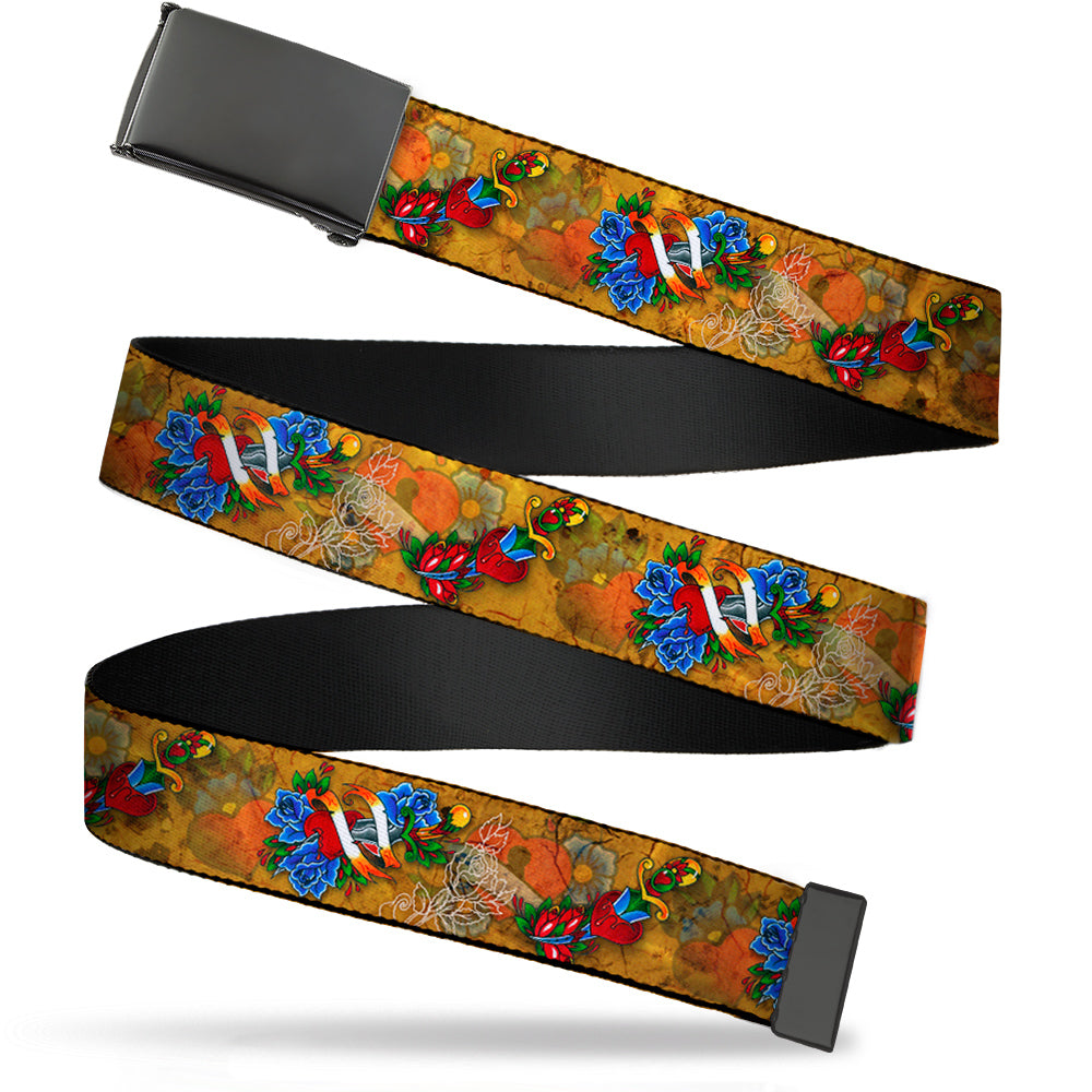 Web Belt Blank Black Buckle - Tattoo Johnny-Hearts & Roses Webbing