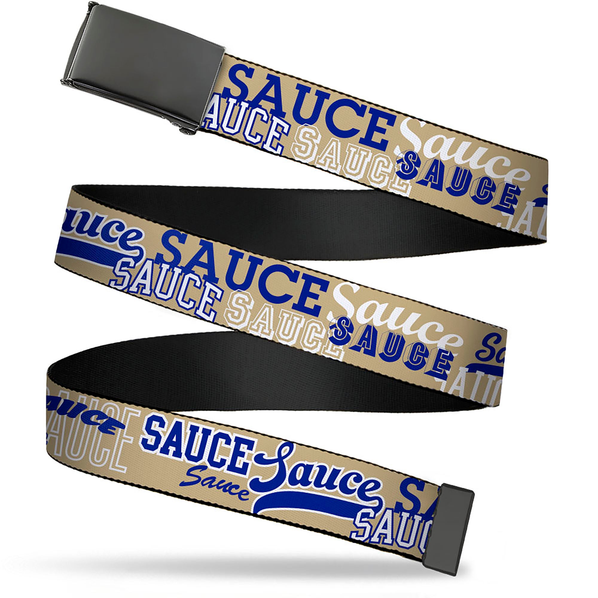 Web Belt Blank Black Buckle - SAUCE Typography Collage Tan/White/Blue Webbing Web Belts Buckle-Down   