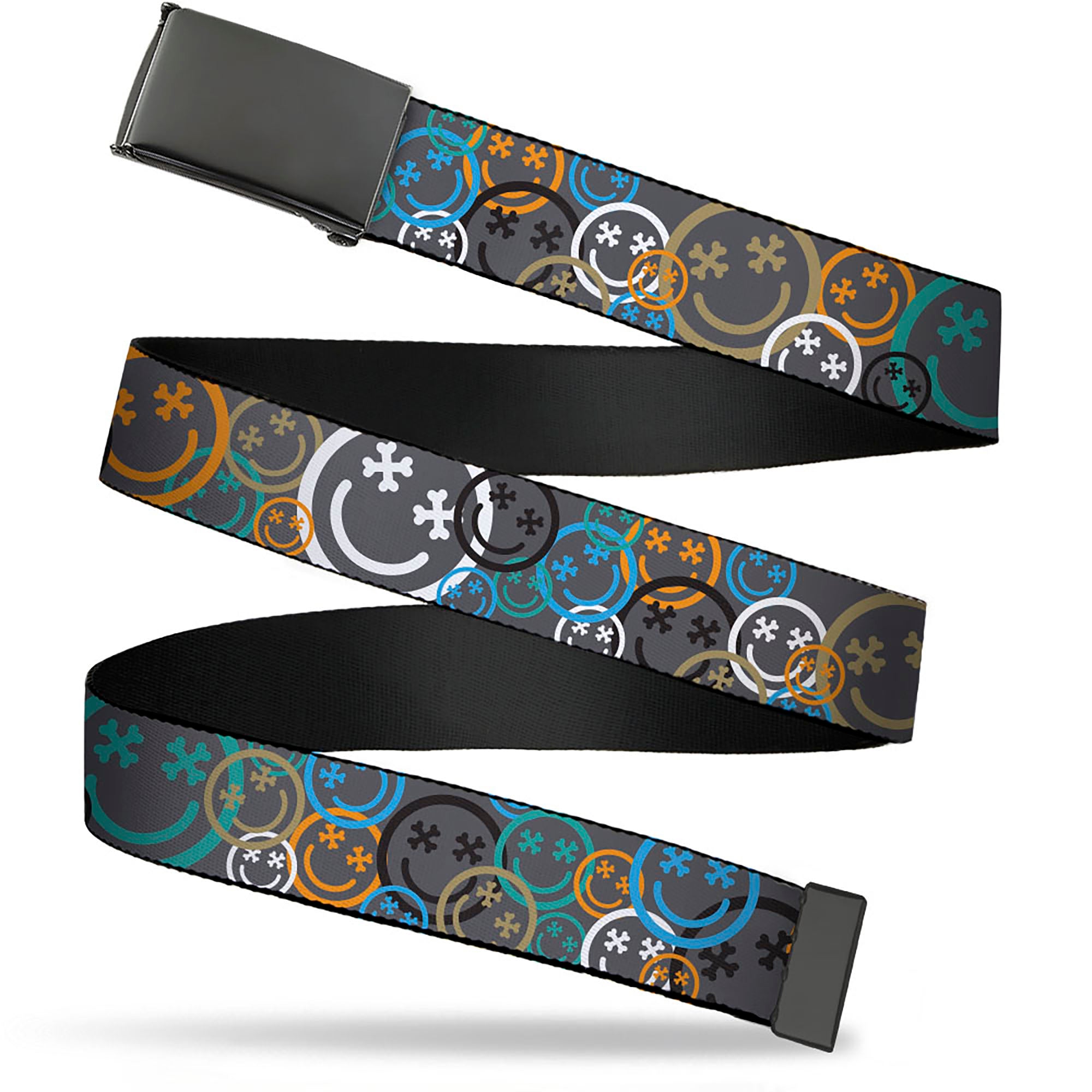 Web Belt Blank Black Buckle - Smiley Face Crossbones Stacked Gray/Multi Color Webbing Web Belts Buckle-Down   