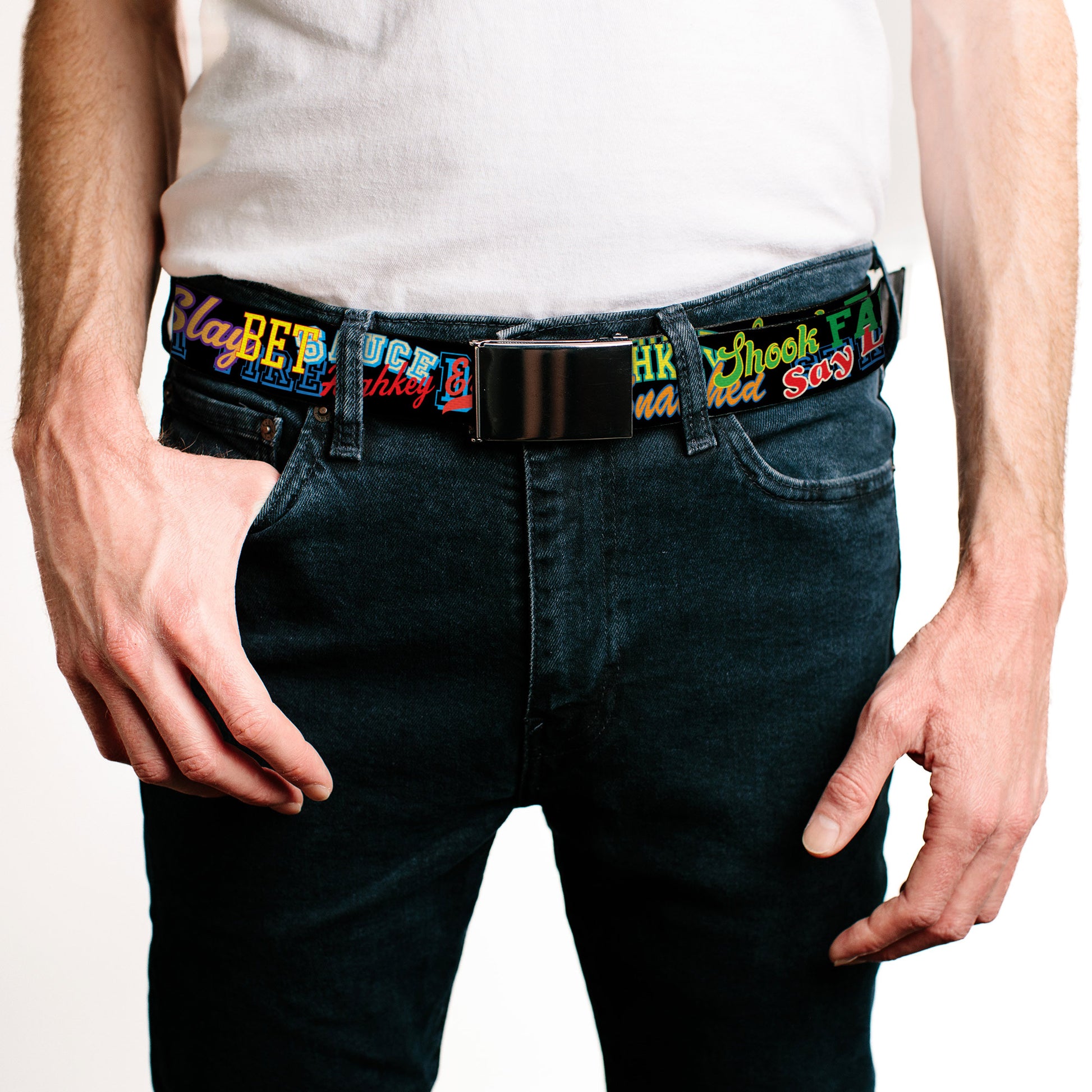 Web Belt Blank Black Buckle - Slang Verbiage Stacked Black/Multi Color Webbing Web Belts Buckle-Down   