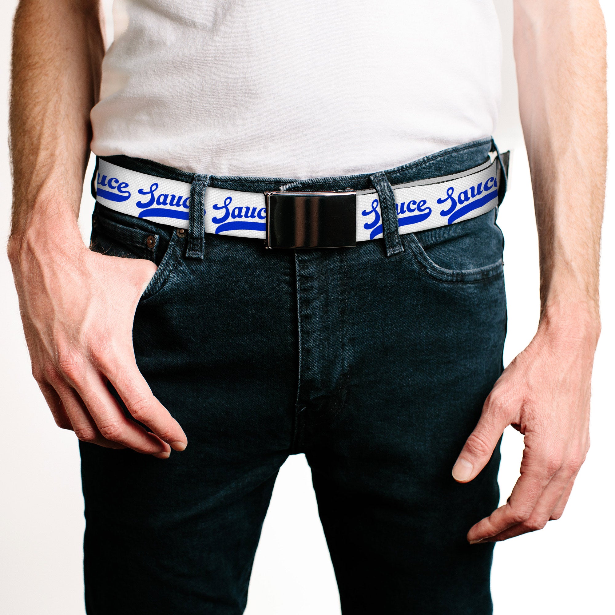 Web Belt Blank Black Buckle - SAUCE Baseball Script White/Blue Webbing Web Belts Buckle-Down   