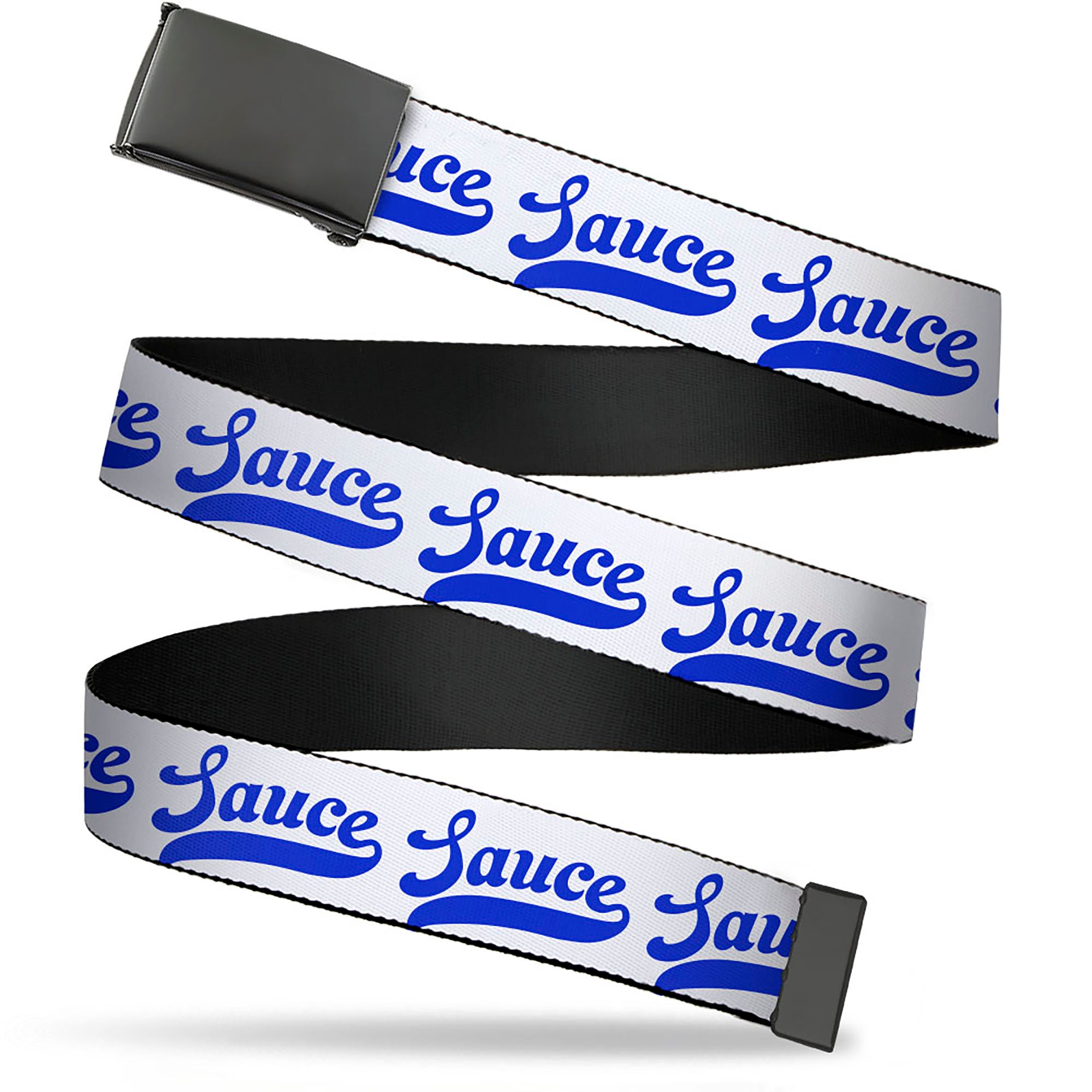 Web Belt Blank Black Buckle - SAUCE Baseball Script White/Blue Webbing Web Belts Buckle-Down   