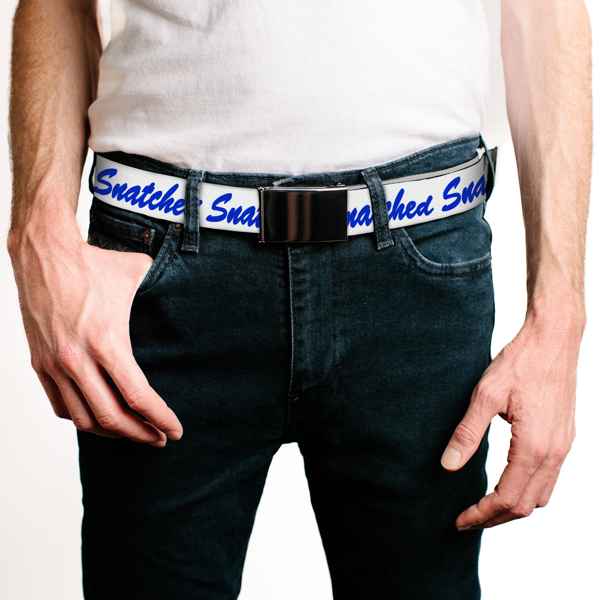 Web Belt Blank Black Buckle - SNATCHED Script  White/Blue Webbing Web Belts Buckle-Down   