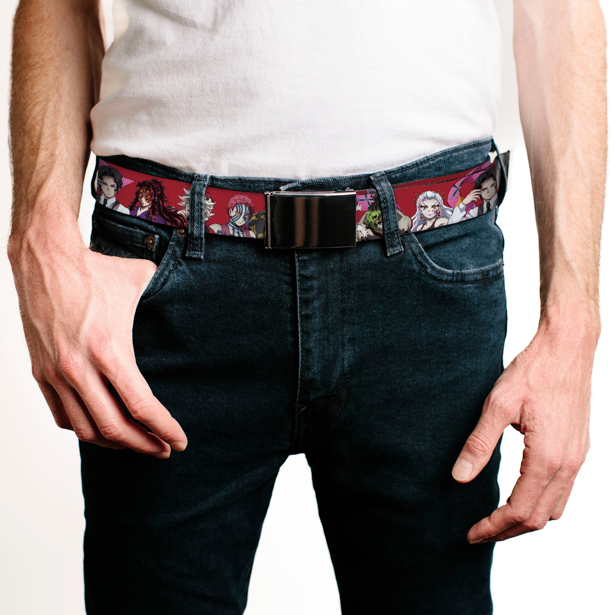 Web Belt Blank Black Buckle - Demon Slayer Eight Demons Poses Red Webbing