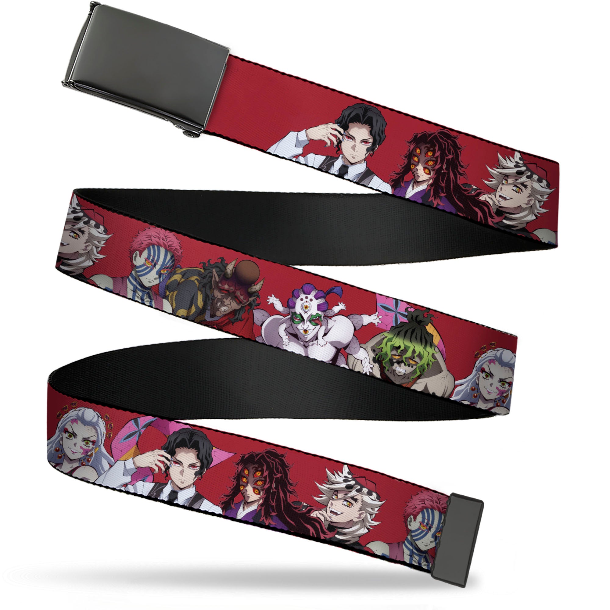 Web Belt Blank Black Buckle - Demon Slayer Eight Demons Poses Red Webbing
