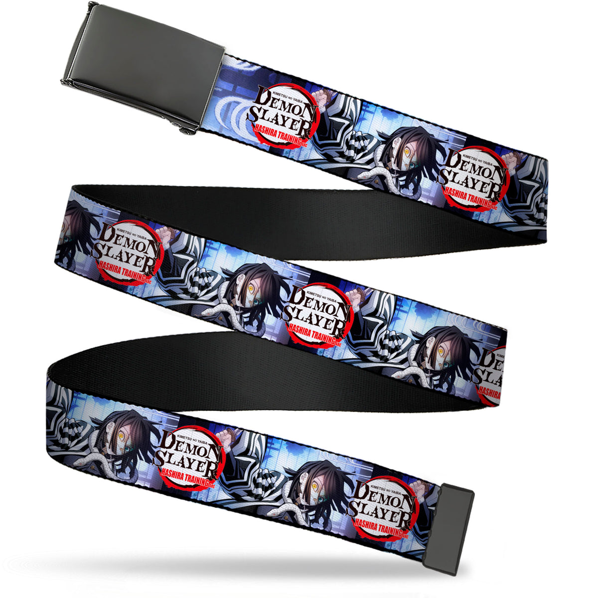 Web Belt Blank Black Buckle - DEMON SLAYER Obanai Iguro Pose and Title Logo Webbing