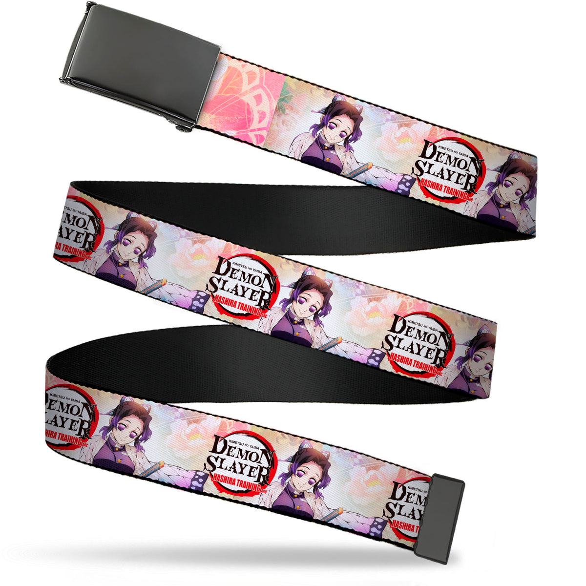 Web Belt Blank Black Buckle - DEMON SLAYER Shinobu Kocho Pose and Title Logo Webbing