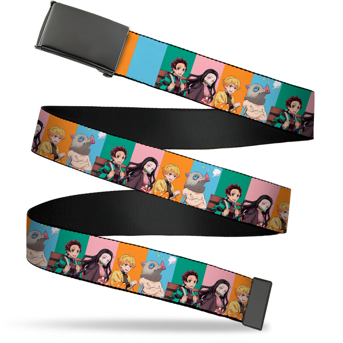 Web Belt Blank Black Buckle - Demon Slayer Four Character Group Pose Blocks Multi Color Webbing