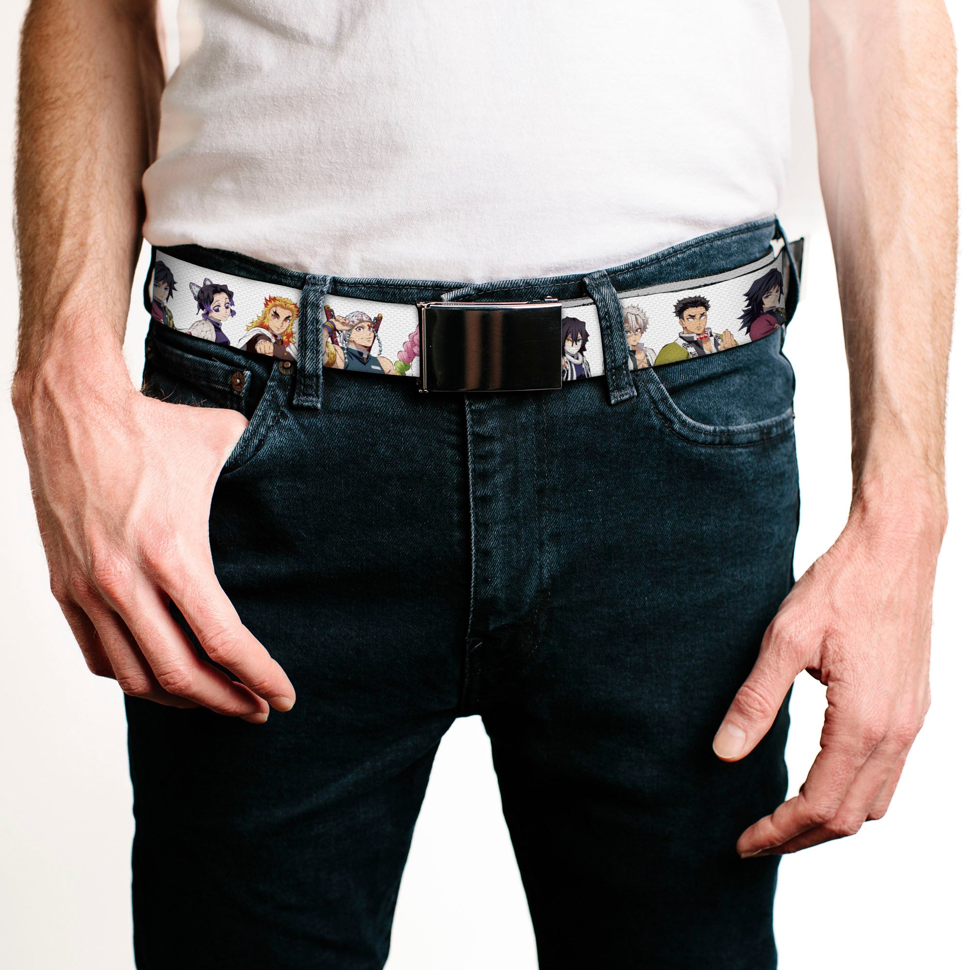 Web Belt Blank Black Buckle - Demon Slayer Nine Character Poses White Webbing