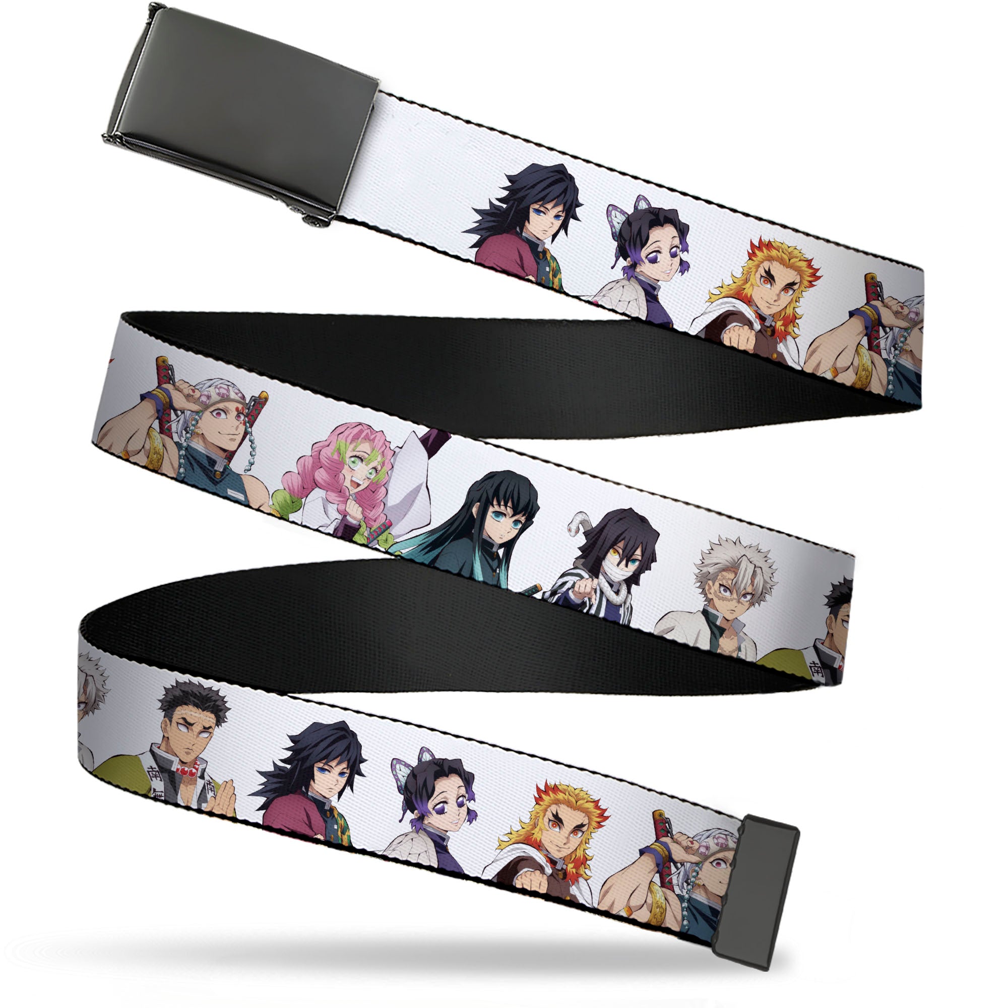 Web Belt Blank Black Buckle - Demon Slayer Nine Character Poses White Webbing