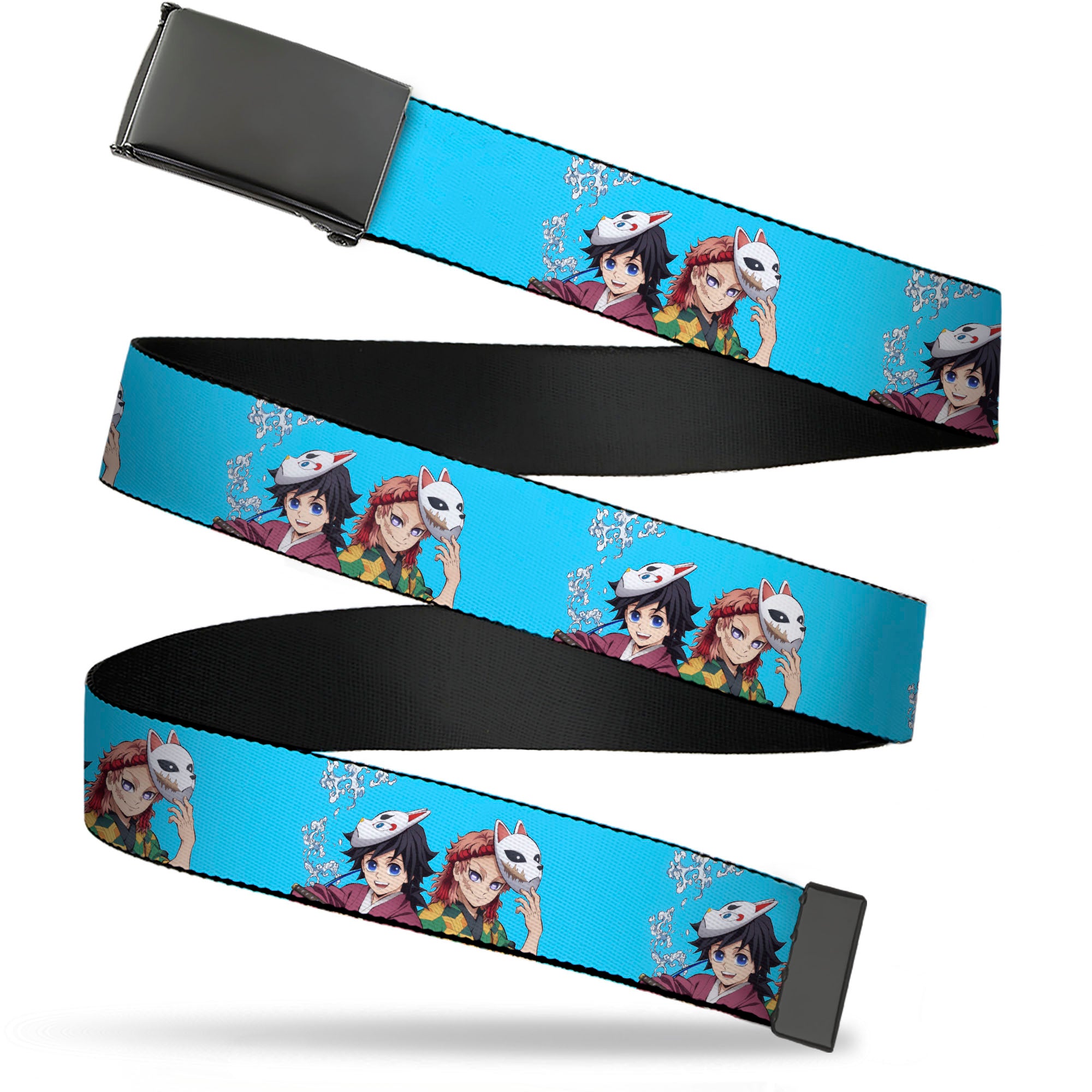 Web Belt Blank Black Buckle - Demon Slayer Giyu and Sabito Warding Mask Pose Blue Webbing