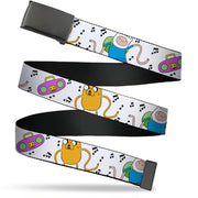 Web Belt Blank Black Buckle - Adventure Time Finn and Jake Long Arms Dancing Pose Music Notes White Webbing Web Belts Adventure Time