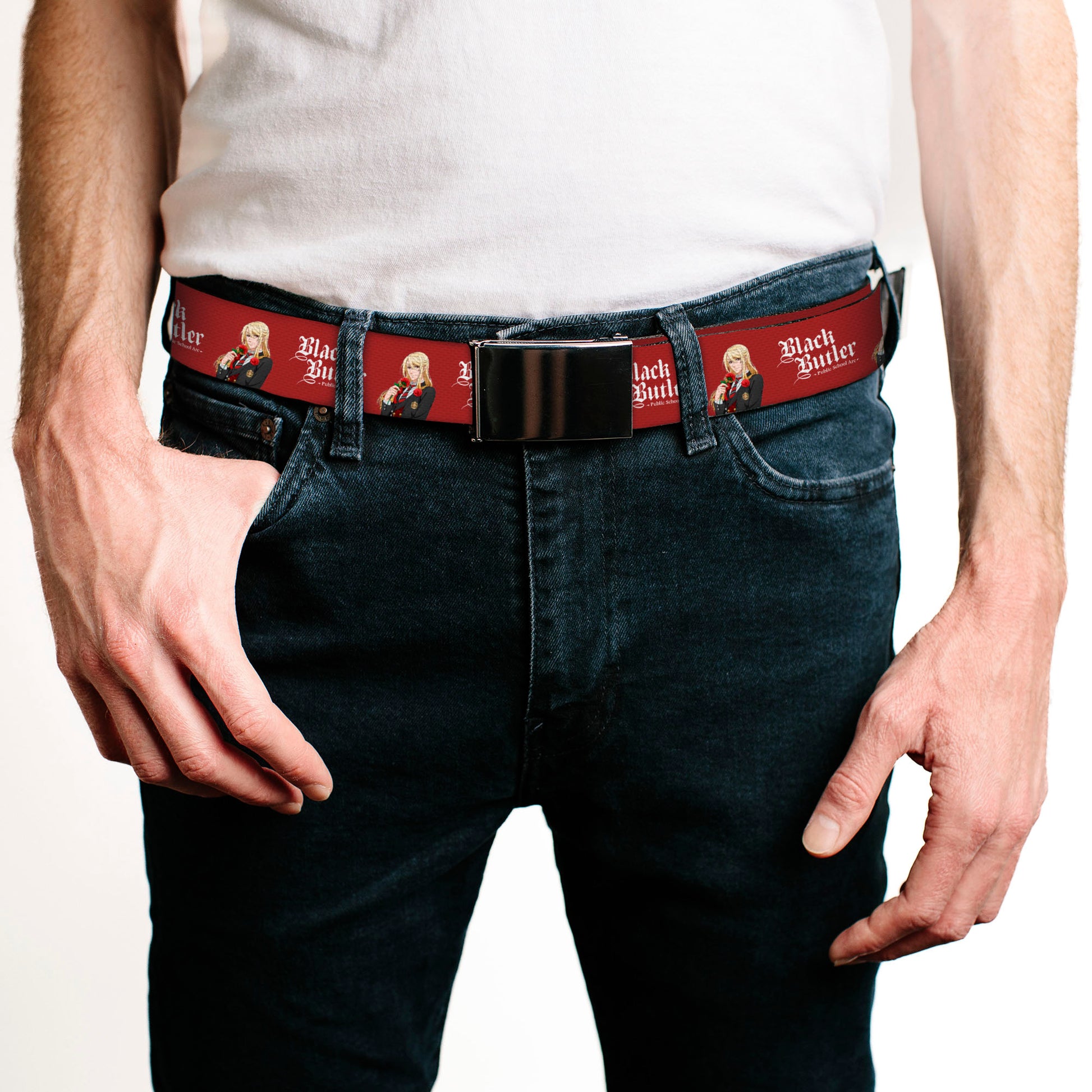 Web Belt Blank Black Buckle - BLACK BUTLER Edgar Redmond Pose and Title Logo Red Webbing Web Belts Black Butler