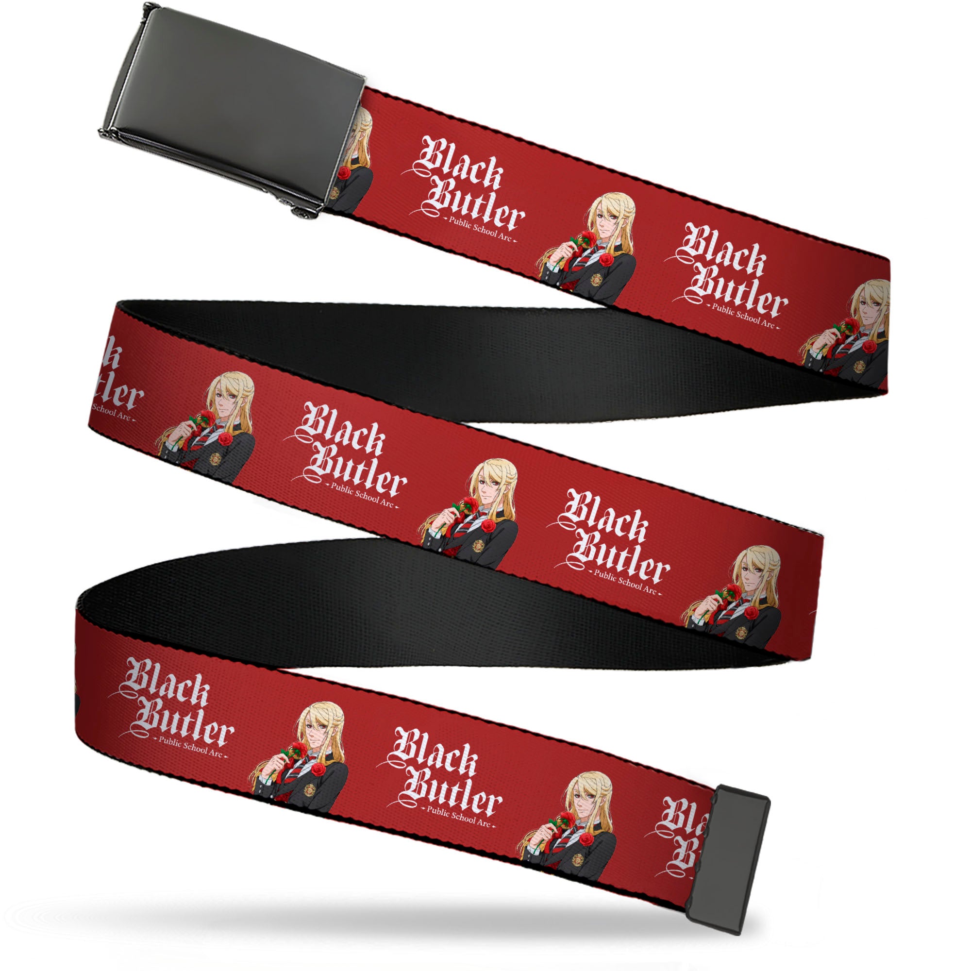 Web Belt Blank Black Buckle - BLACK BUTLER Edgar Redmond Pose and Title Logo Red Webbing Web Belts Black Butler