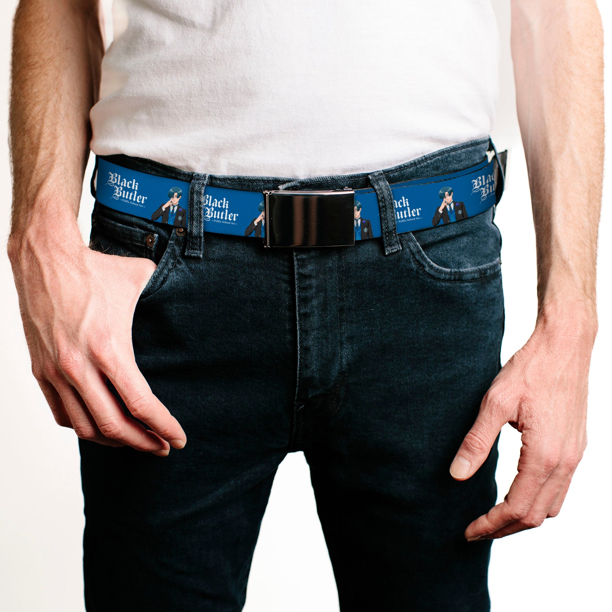 Web Belt Blank Black Buckle - BLACK BUTLER Lawrence Bluewer Pose and Title Logo Blue Webbing Web Belts Black Butler