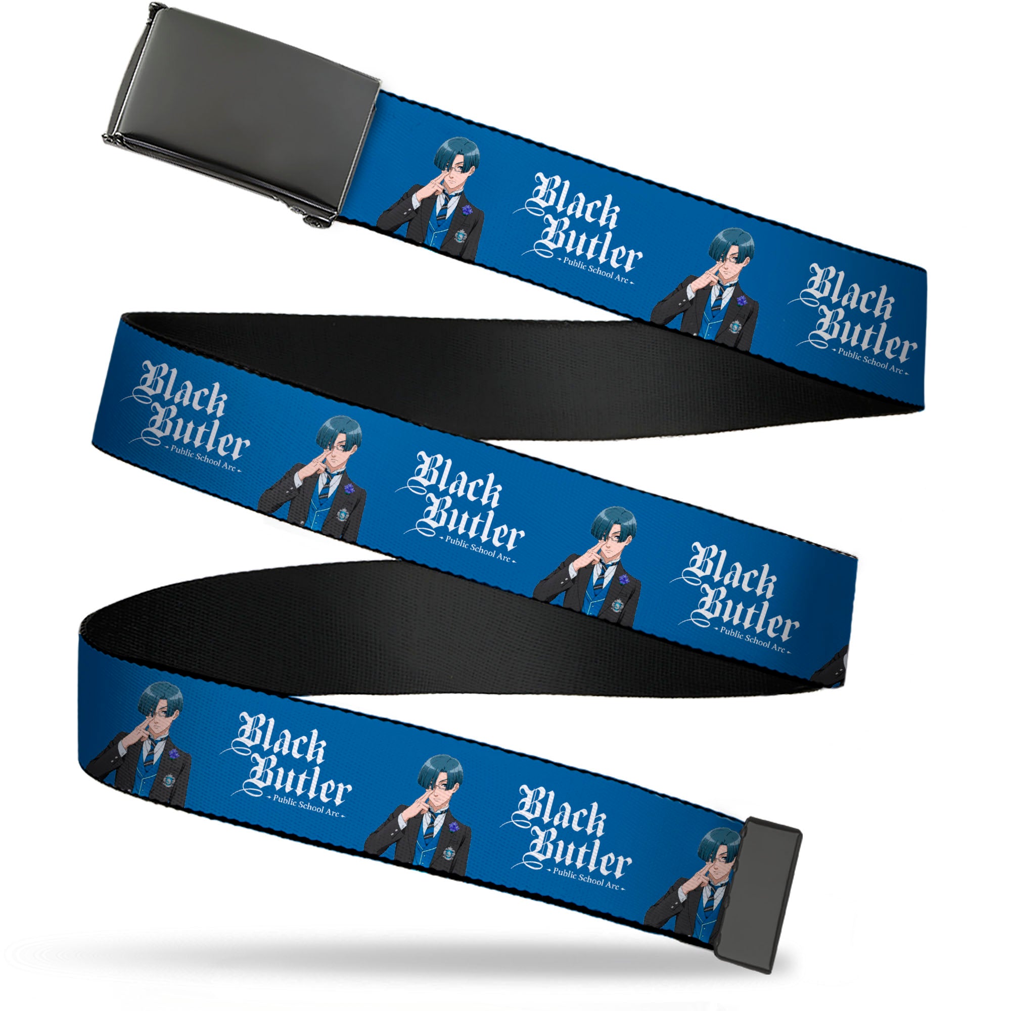 Web Belt Blank Black Buckle - BLACK BUTLER Lawrence Bluewer Pose and Title Logo Blue Webbing Web Belts Black Butler