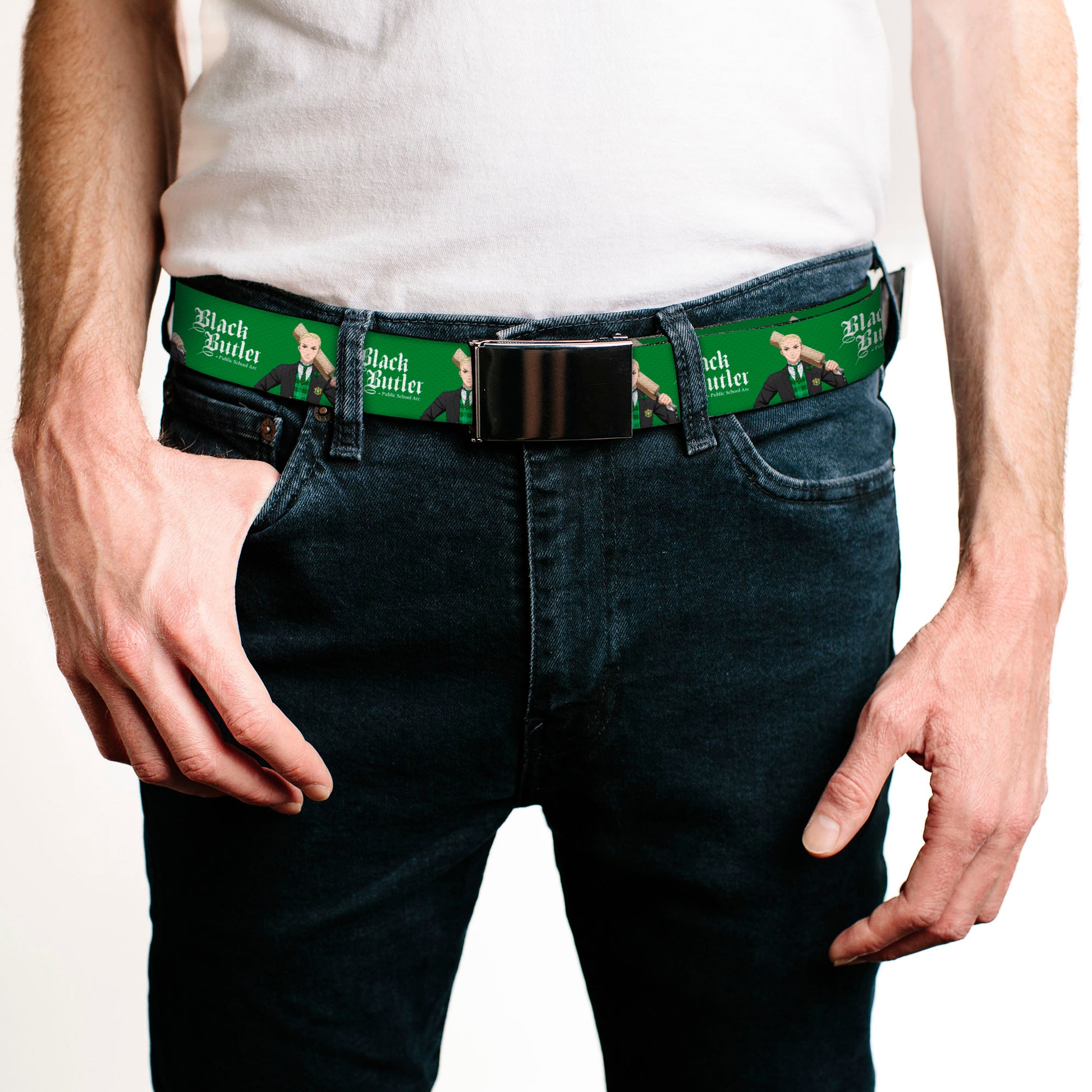 Web Belt Blank Black Buckle - BLACK BUTLER Herman Greenhill Pose and Title Logo Green Webbing Web Belts Black Butler